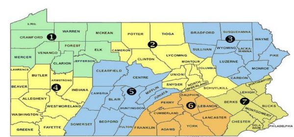 A map of Pennsylvania Counties broken up into 7 regions