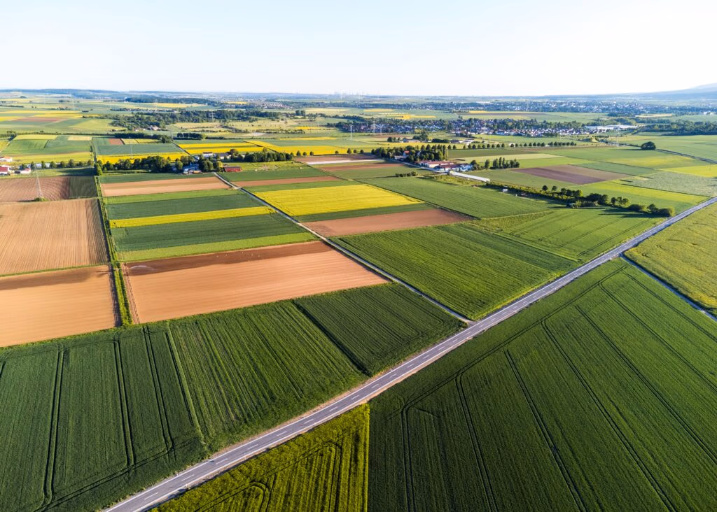 Aerial view of patchwork farmland with green, yellow, and brown fields and a diagonal road cutting through the landscape.